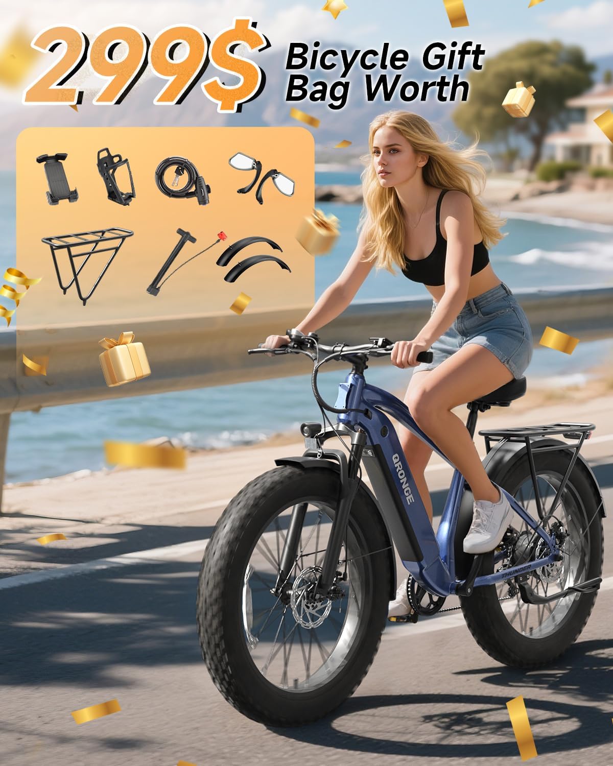 QRONGE Electric Bike for Adults 1800W Peak, 26' Fat Tire Ebike, Adult Electric Bicycles, 28MPH(PAS Mode) Electric Mountain E Bike, Up to 70 Miles, 7 Speed, Rear Rack, Fenders