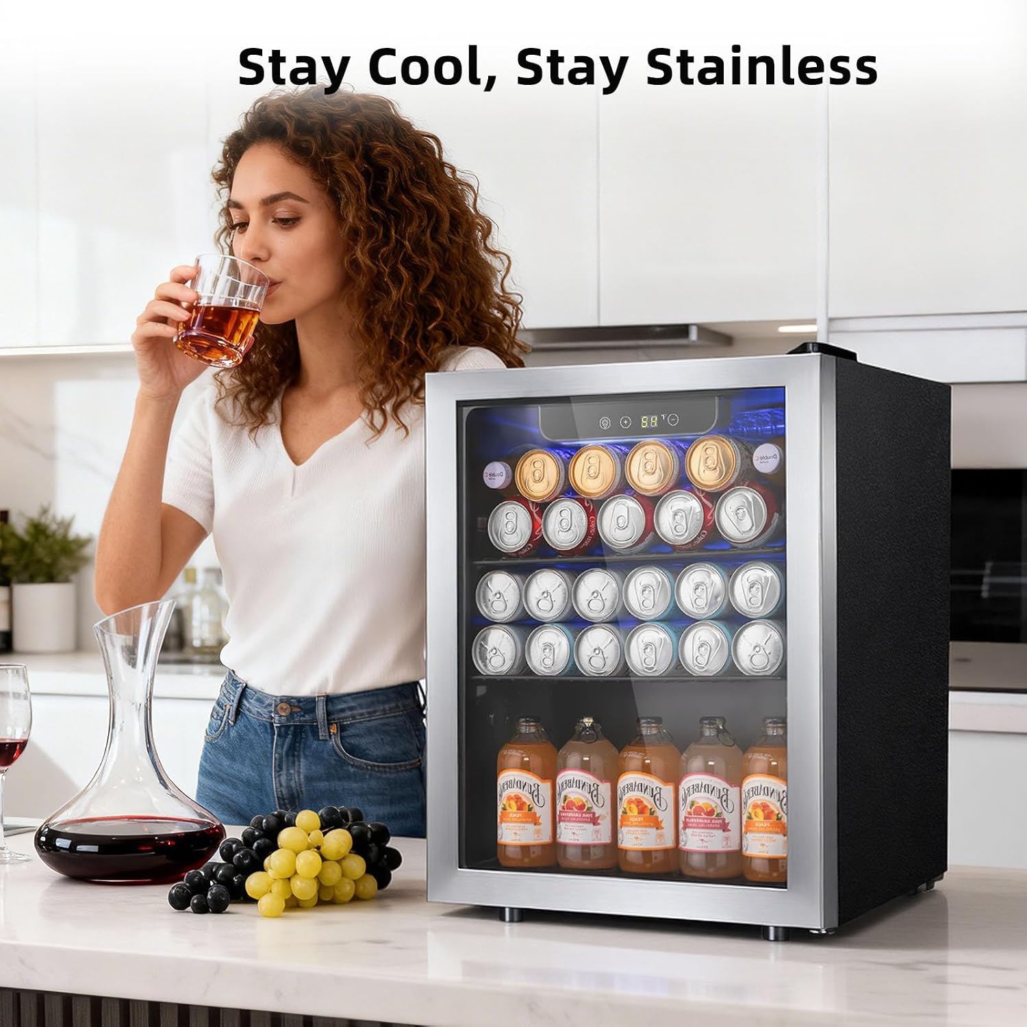 Antarctic Star 1.7 Cu.Ft Beverage Refrigerator 68 Can or 16 Bottle Capacity with Seamless Glass Door, Digital Control & Quiet Compressor, Freestanding Mini Fridge for Bar, Kitchen, Office - Silver