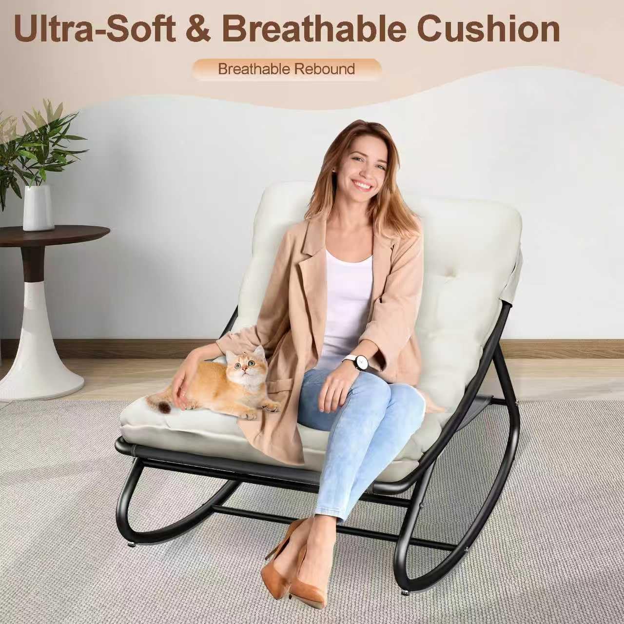 Outdoor and Indoor Rocking Chairs, Comfy Patio Chair, Rocking Chair with Ottoman and Sturdy Metal Frame, Balcony Chairs with Thickened Cushion, Silla Mecedora for Patio Porch Garden Living (White)