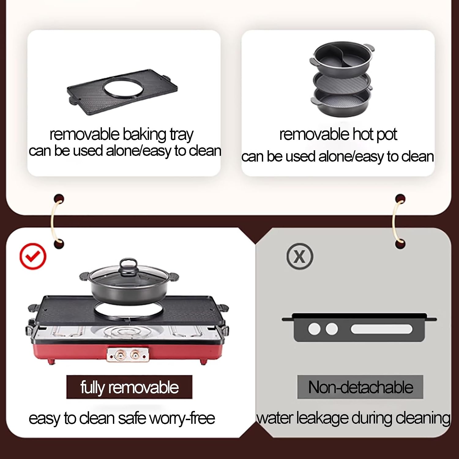 Barbecue Electric Grill and Hot Pot, 2700W Separable BBQ Pan Grill and Hot Pot, Multifunctional Electric Grill Pot with Dual Temp Control, with Nonstick Coating(Red)