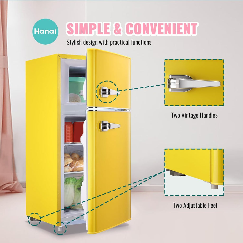 WANAI 3.5 Cu.ft Small Refrigerators Retro Mini Fridge with Freezer Yellow Full-sized Fridge Dual Door Dual Handle Classic Removable Glass Shelves Adjustable Thermostat for Home Office Dorm RV