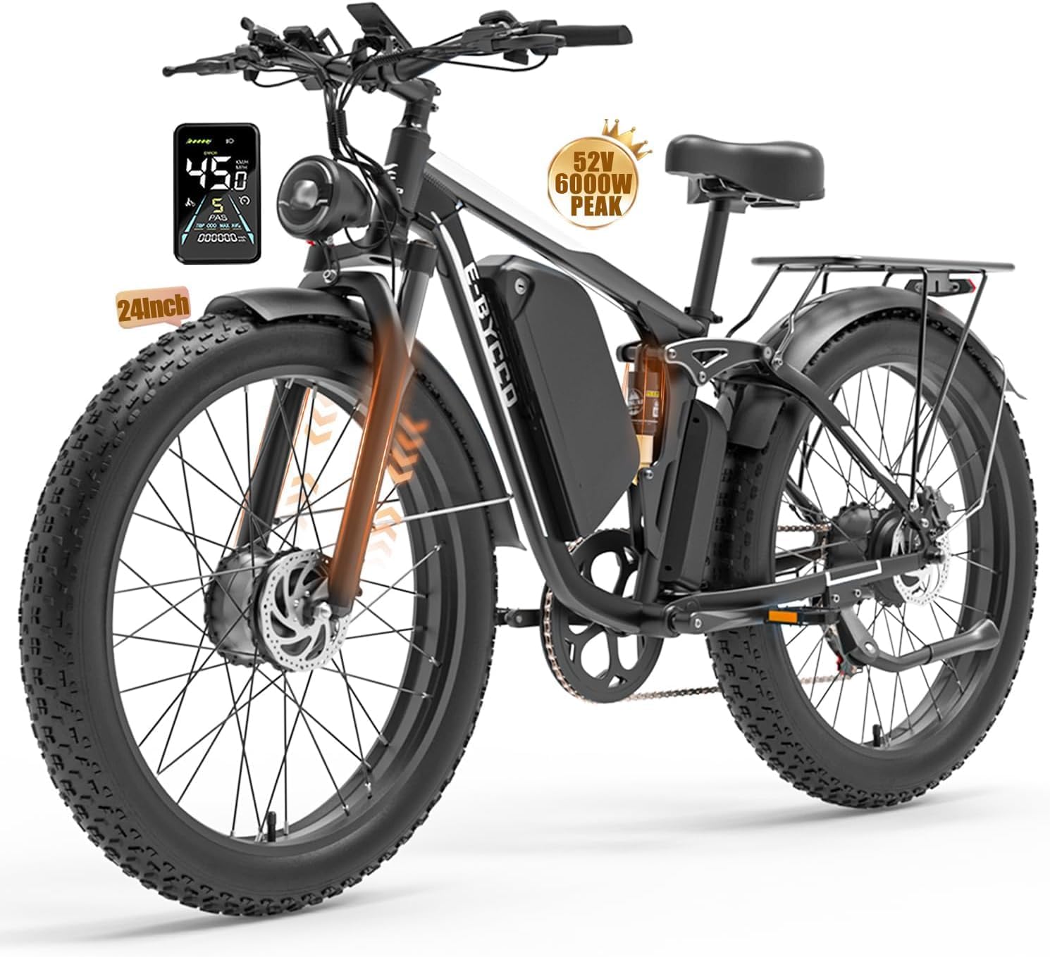 E·Bycco 6000W Peak Dual Motor Electric Bike for Adults, 52V 32AH Battery, Max 45MPH & 100Miles, Full Suspension, Hydraulic Brake, Fat Tire E-Bikes for Men Women