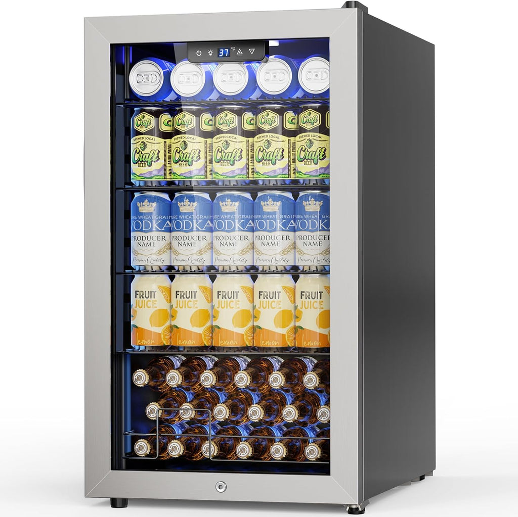 Velivi Mini Beverage Refrigerator 3.2 Cu. Ft Small Fridge 126 Can Lockable Drink Cooler with Glass Door, Safety Lock, For Beer Soda, Silver