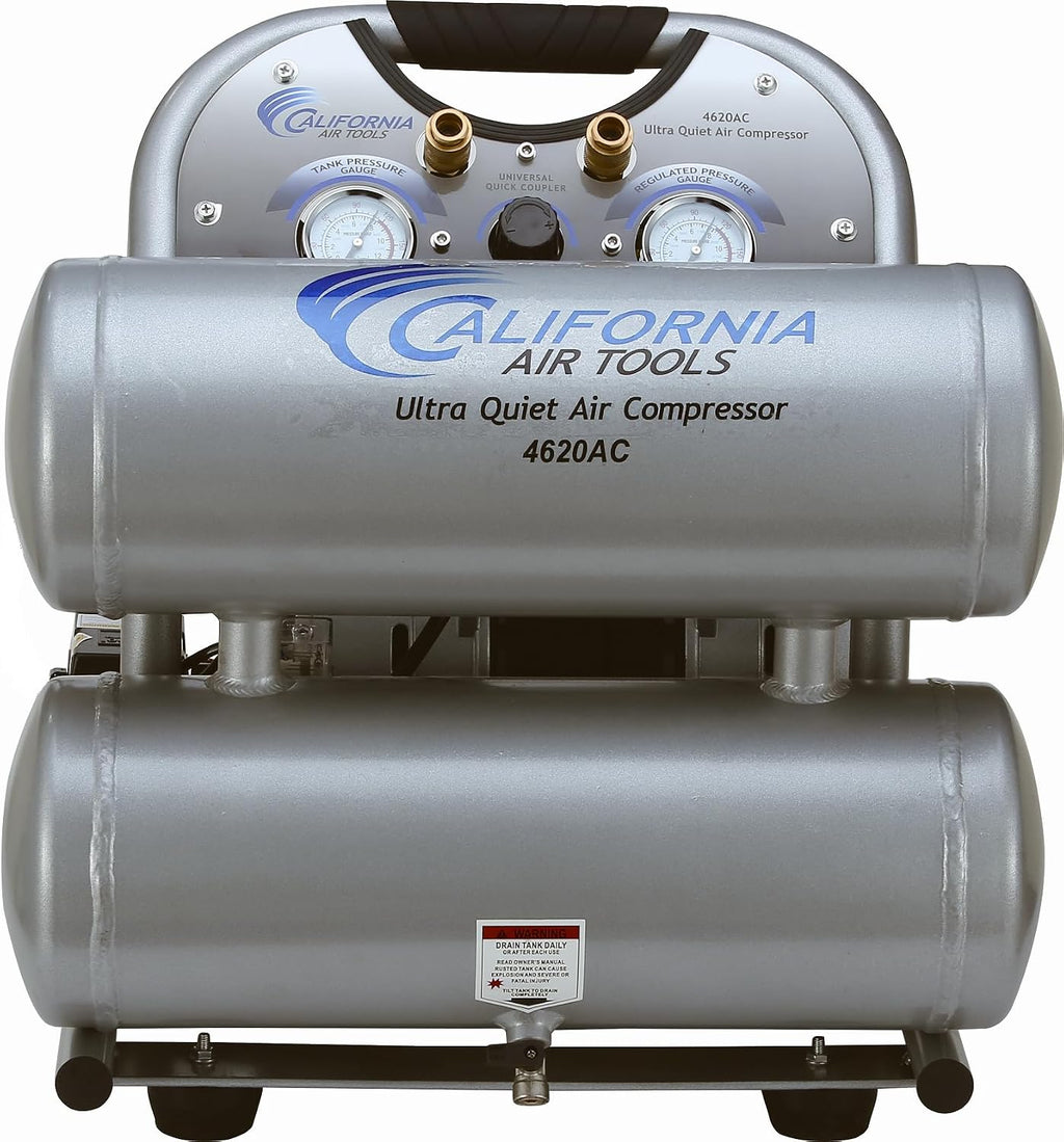 California Air Tools 4620AC Powerful 2.0 HP Ultra Quiet and Oil-Free Air Compressor, 4.6 Gallon Tank Capacity, 70 dB Noise Level, Electric, Portable, 110v / 60hz, Silver