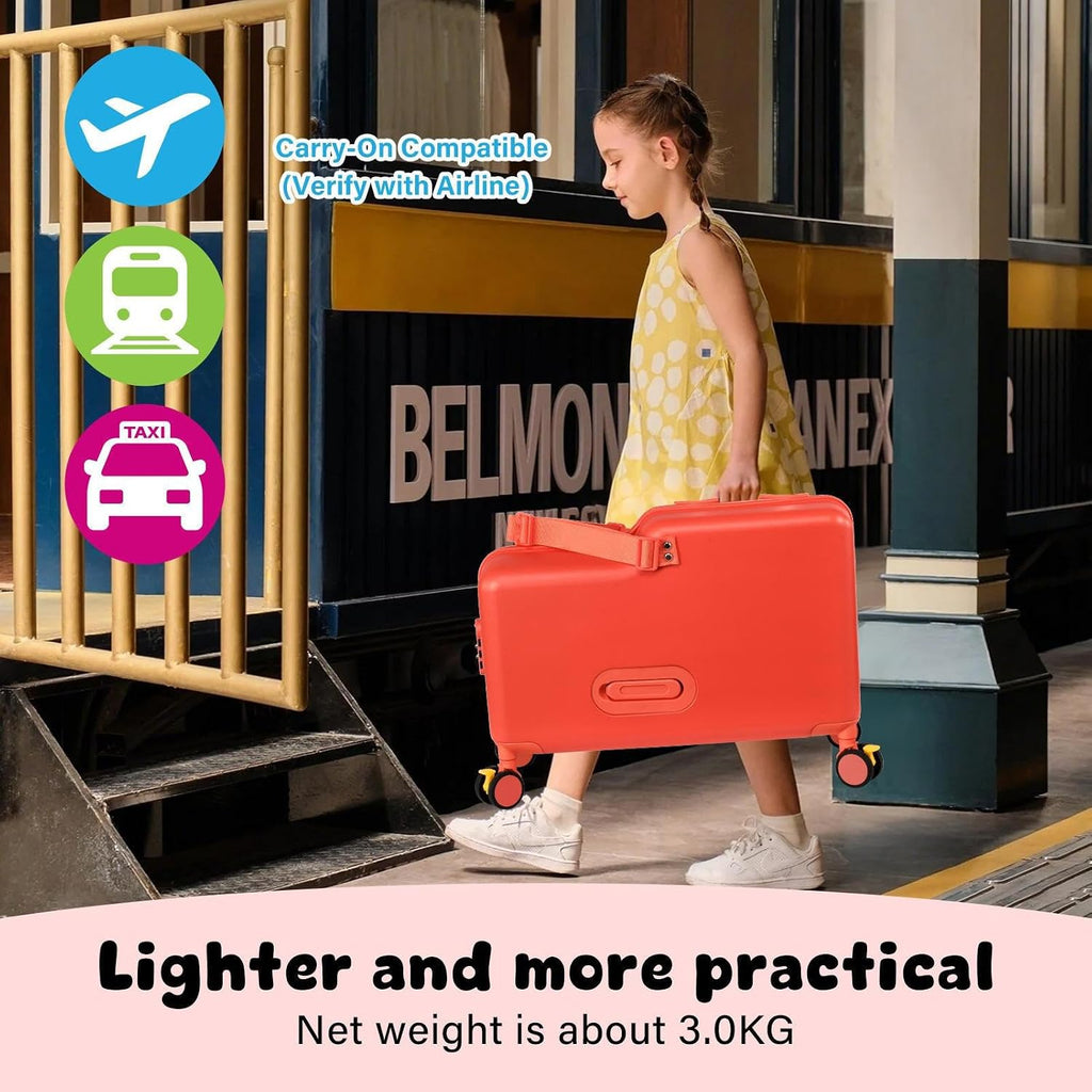 Kids Ride On Suitcase | 20 Inch Kid Carry-On Luggage with Seat, Folding Handlebar & Adjustable Belt | Fun Rideable Travel Case for Boys & Girls, Ideal for Airplane Travel