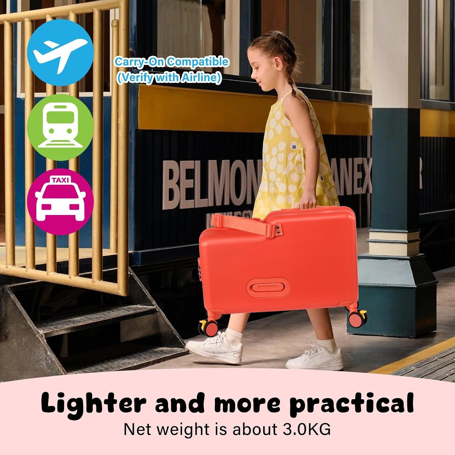 Kids Ride On Suitcase | 20 Inch Kid Carry-On Luggage with Seat, Folding Handlebar & Adjustable Belt | Fun Rideable Travel Case for Boys & Girls, Ideal for Airplane Travel