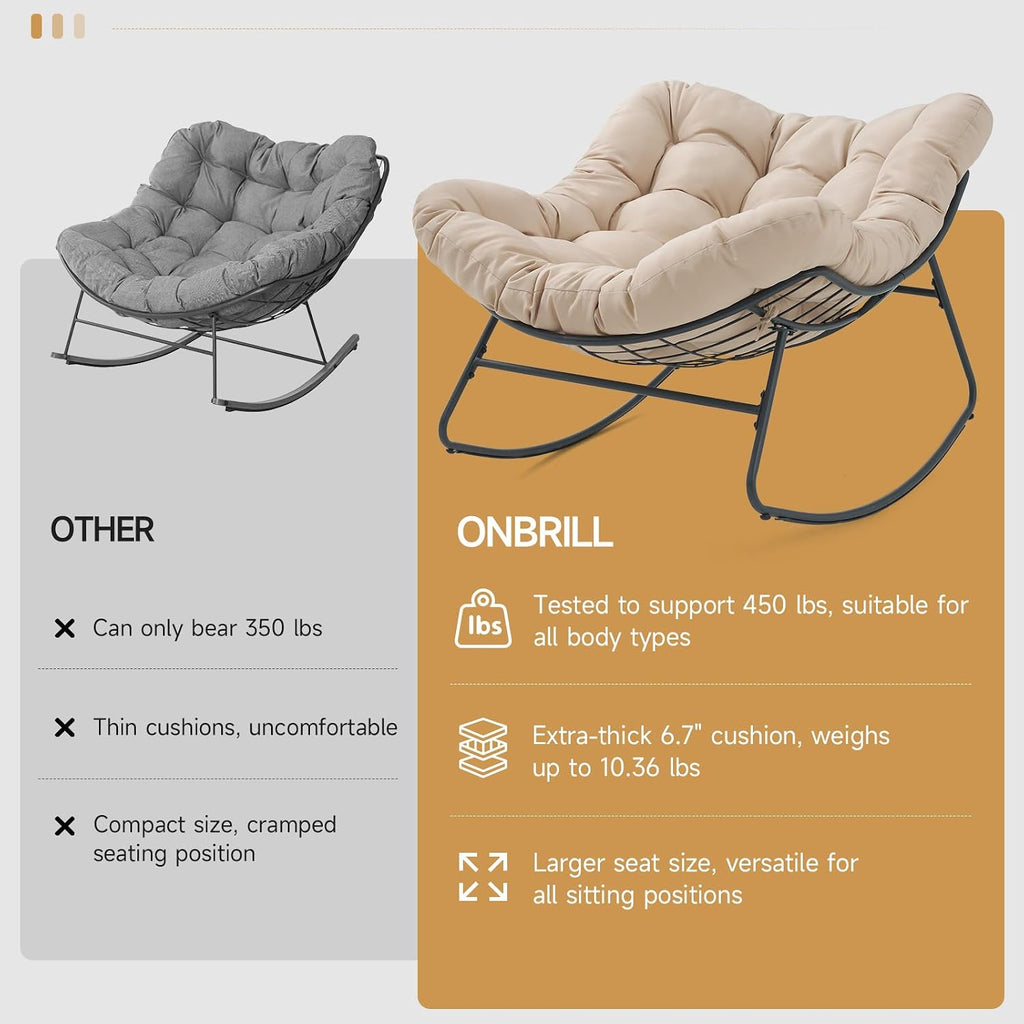 ONBRILL Outdoor Papasan Rocking Chair, 450 lbs Oversized Comfy Patio Chair with Thickened Cushion, Indoor Egg Rocking Lounge Chairs, Rocker Chairs for Patio Porch Garden Living Room Bedroom, Beige