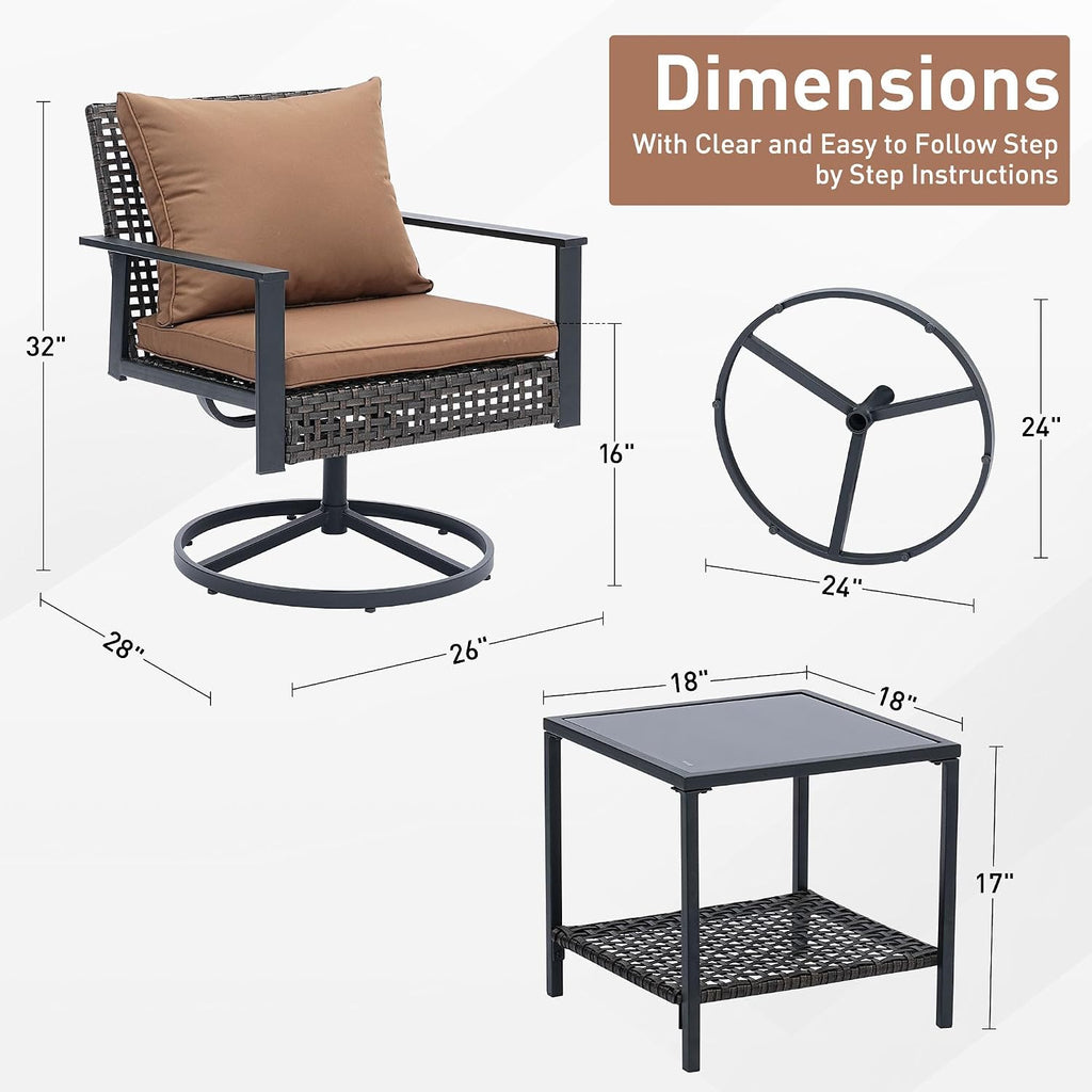 GDY Outdoor Patio Swivel Rocking Chairs Set, Patio Porch Furniture with Thick Cushions, 3 Pieces Outdoor Bistro Set with Rattan Side Table, Loading capacity 440LBS, for Garden, Porch, Poolside, Brown.