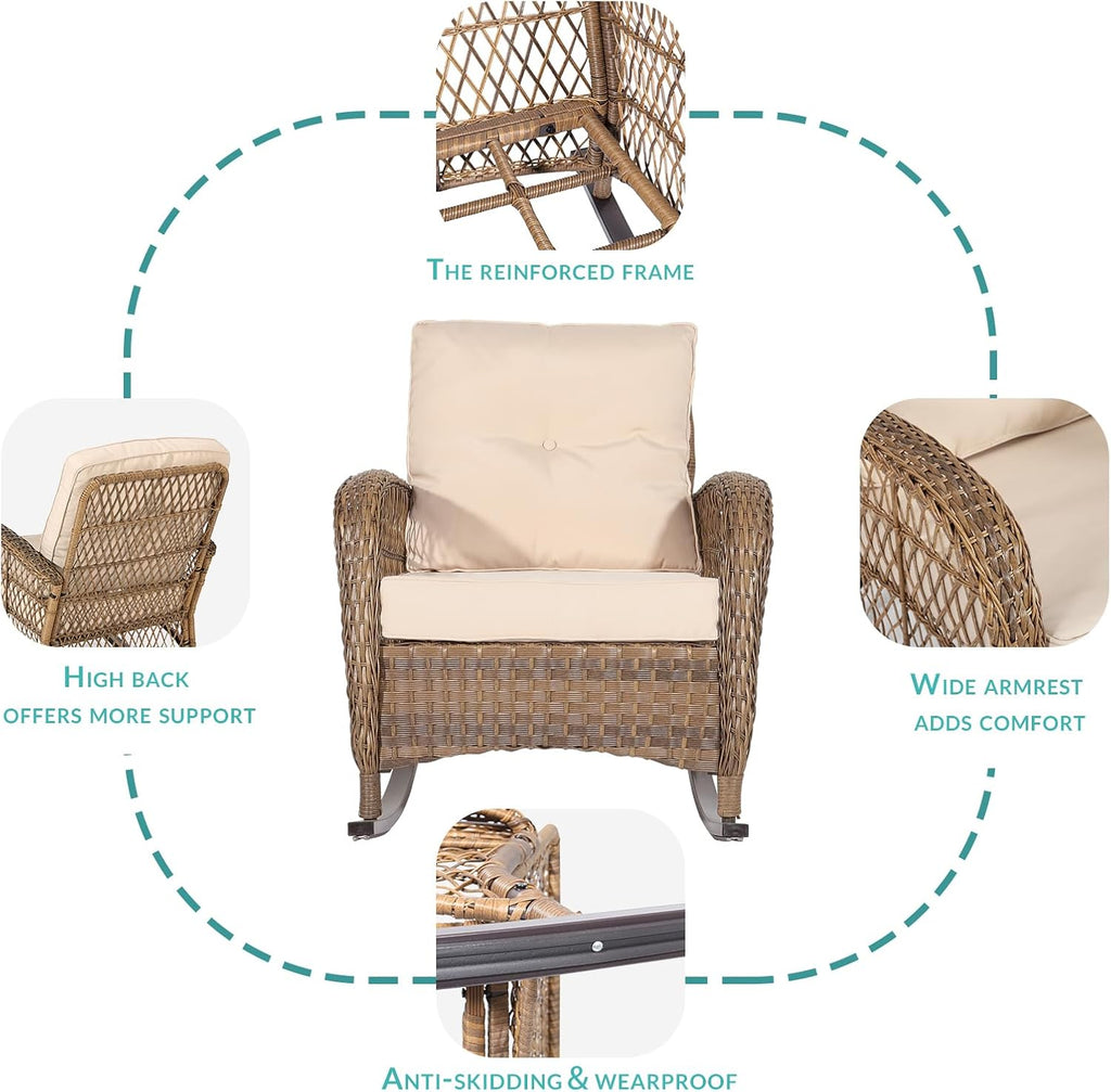 MEETWARM Outdoor Wicker Rocking Chairs Set of 2, Rattan Patio Rocker Chairs with Thick Cushions and High Back, All-Weather Patio Wicker Chair with Safe Rocking Design for Garden, Brown/Beige