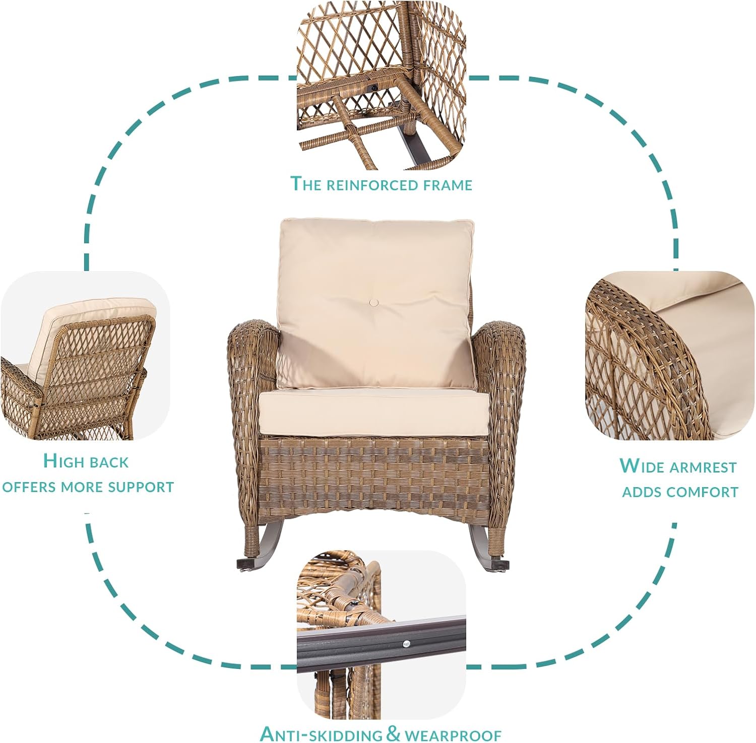 MEETWARM Outdoor Wicker Rocking Chairs Set of 2, Rattan Patio Rocker Chairs with Thick Cushions and High Back, All-Weather Patio Wicker Chair with Safe Rocking Design for Garden, Brown/Beige