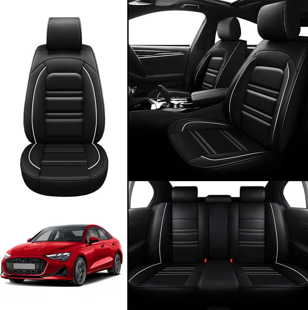 Seat Covers for Audi A3 2006-2025 | 5-Seats Leather Seat Covers, Easy to Install Automotive Seat Covers Full Set (Full Set, Black&White Line)
