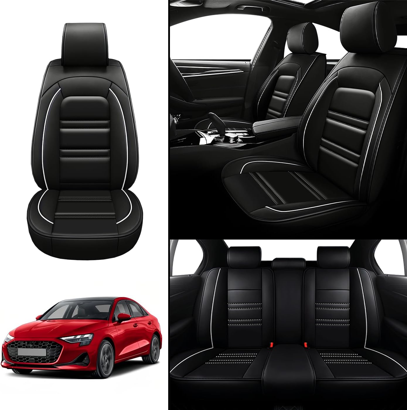Seat Covers for Audi A3 2006-2025 | 5-Seats Leather Seat Covers, Easy to Install Automotive Seat Covers Full Set (Full Set, Black&White Line)
