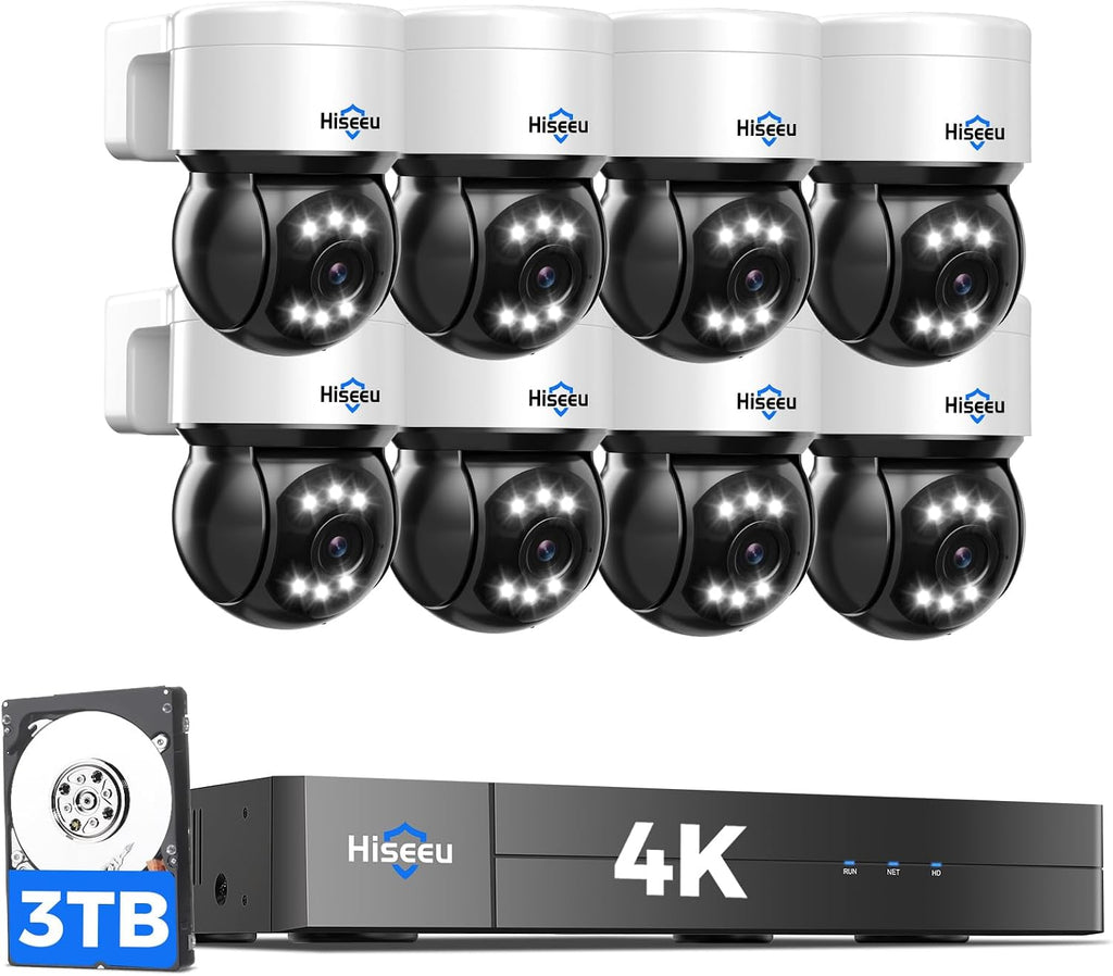 [330°Pan 90°Tilt+Human Tracking] Hiseeu 4K PoE Security Camera System,NVR Security Camera System w/8 * 8MP PoE PTZ Security Camera Outdoor&Indoor,2-Way Audio,Color Night Vision,7/24 Record