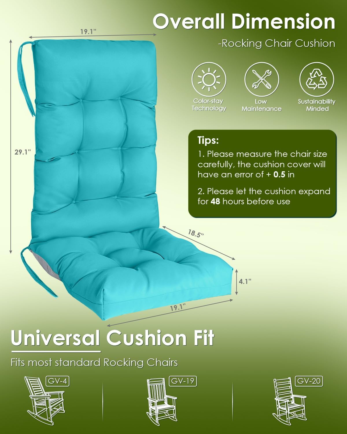 GREENVINES Rocking Chair Cushions Set of 4 | Polyester | Waterproof | Outdoor High Back Rocker Chairs Cushion | Seat with Ties | Non-Slip | Thickened Pad for Patio | 46.5' x 18.5' x 4.3' | Arctic