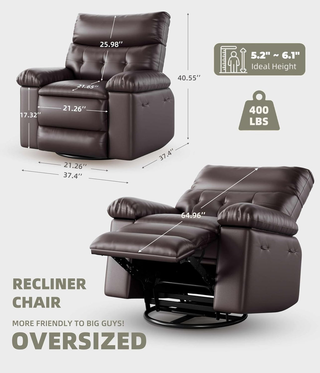 GarveeHome Oversized Leather Recliner Chair - Heat and Massage, Swivel Rocker Manual Recliner for Adults, Lazy Rocking Chair with Comfort Arms and Back Single Sofa for Living Room