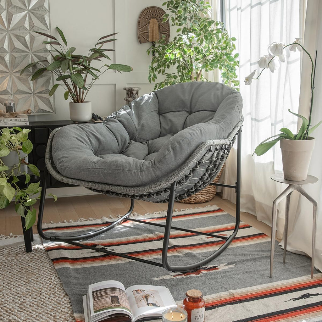 Barton Rocking Chair Outdoor Papasan Rocking Chair with Cushion Outdoor/Indoor Rocker Chair Patio Porch Garden Backyard, Grey