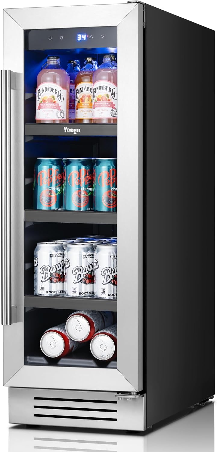 Yeego 12 Inch Beverage Refrigerator - 60 Cans Compact Beverage Cooler with Glass Door, Under Counter Drink Fridge Built-In or Freestanding for Soda, Beer & Wine, Office, Kitchen or Home Bar