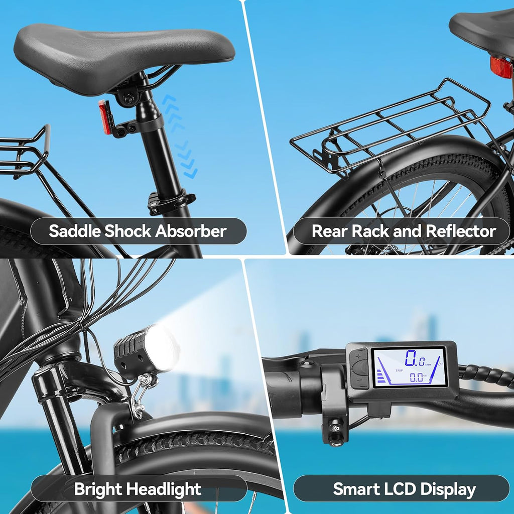 ZNH Electric Bike, 750W Peak Motor Electric Mountain Bike for Adults With 48V 13Ah Removable Battery, 20MPH 26'' Electric Bike, Suspension Fork, LED Display, Fat Tire Commuter EBike, Black (17S-Black)