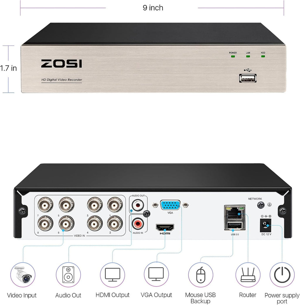 ZOSI 8CH 1080P Home Security DVR with 500GB Hard Drive, AI Human/Vehicle Detection, Remote Access, H.265+ Hybrid 4-in-1 Wired Surveillance DVR for HD-TVI, CVI, CVBS, AHD 960H/720P/1080P CCTV Cameras