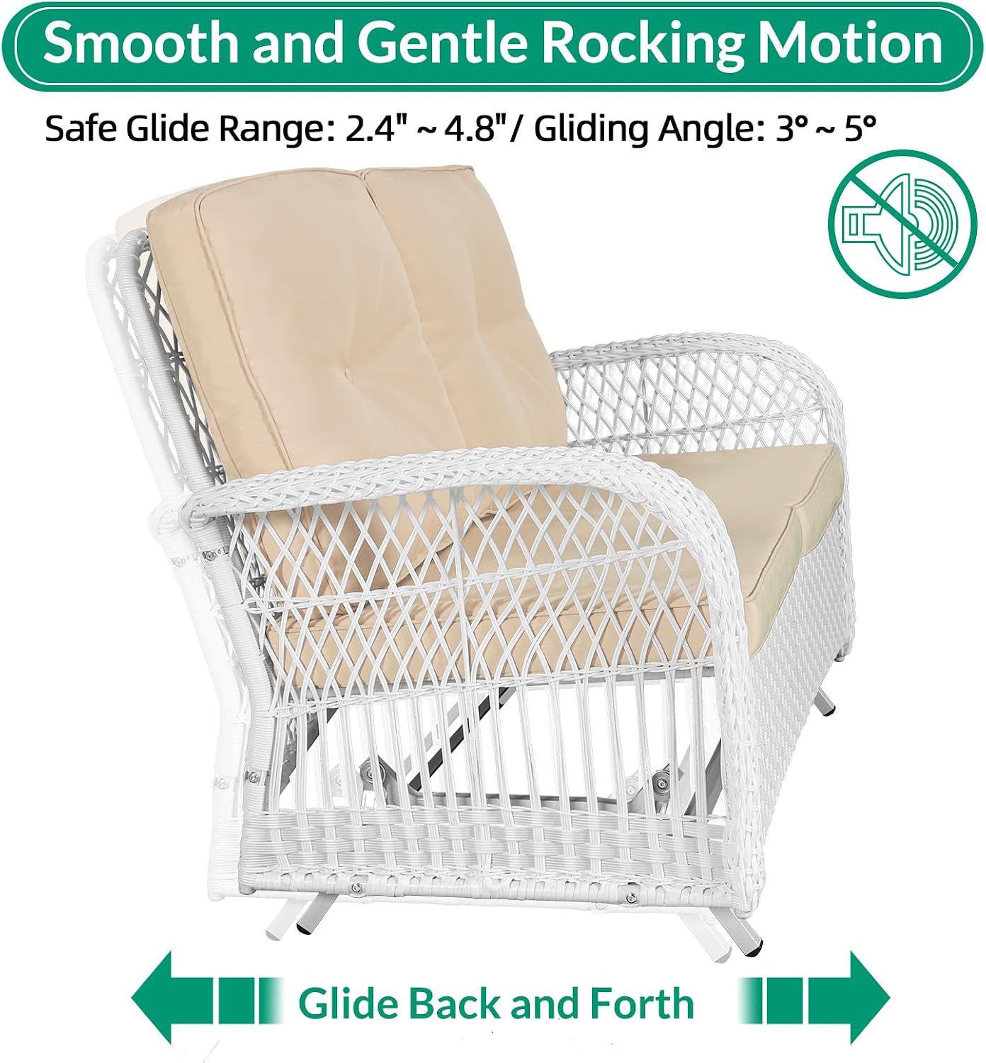 VIVIJASON 5-Piece Outdoor Patio White Wicker Conversation Sets, All Weather Outdoor Rattan Furniture Set Includes Glider Loveseat, 2 Coffee Table, 2 Swivel-Gliders Chairs with Cushions, Beige