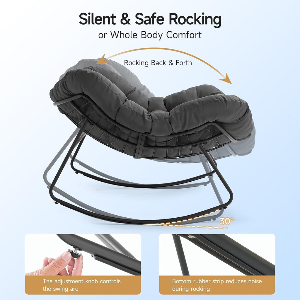 Outdoor Papasan Rocking Chair, 450 lbs Oversized Comfy Patio Chair with Thickened Cushion, Indoor Egg Rocking Lounge Chairs, Rocker Chairs for Patio Porch Garden Living Room Bedroom, Dark Gray