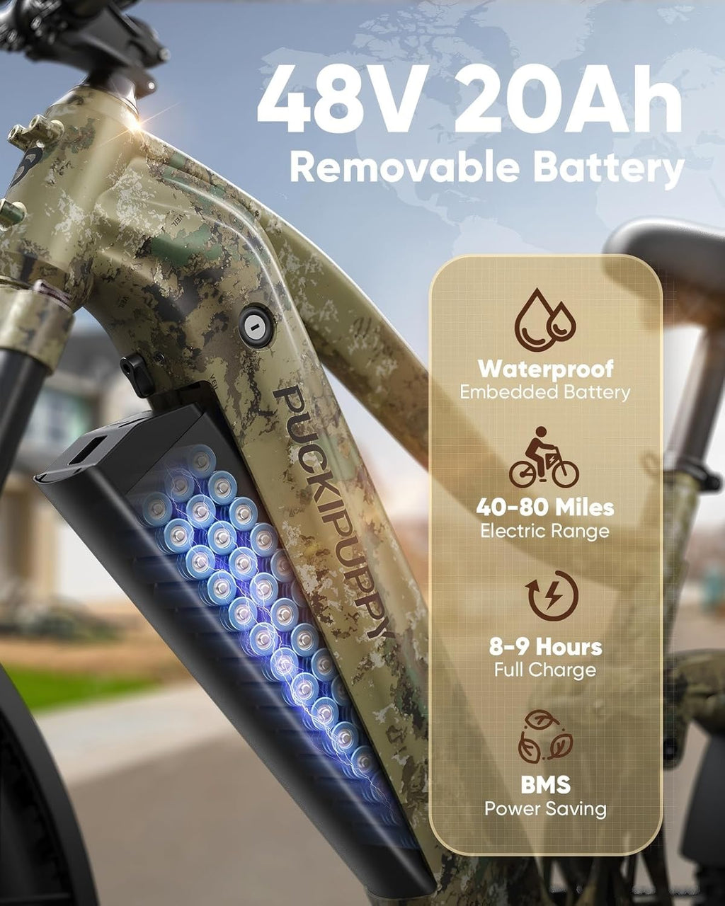 PUCKIPUPPY Electric Bike for Adults 960W, 48V 20AH Battery Adult Ebike, Full Suspension 26' Fat Tire E Bike, 28MPH 80Miles Range Mountain Electric Bicycle, 7 Speed, Hydraulic Disc Brakes