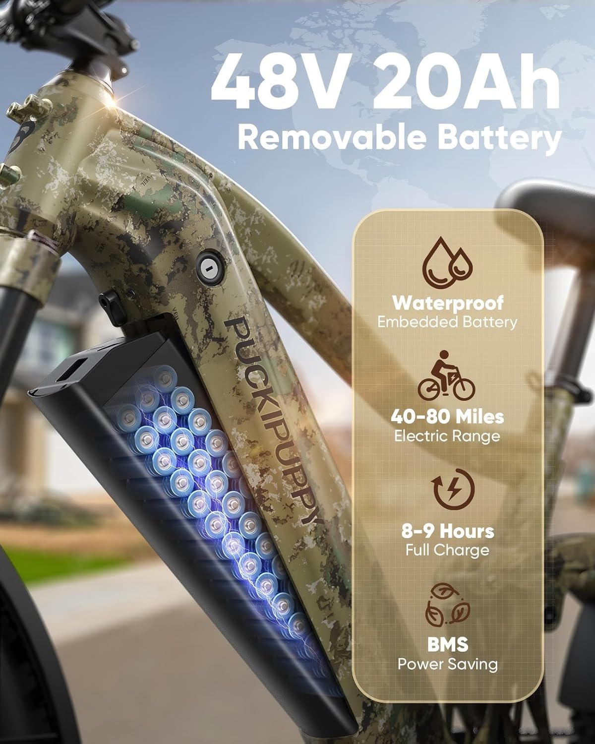 PUCKIPUPPY Electric Bike for Adults 960W, 48V 20AH Battery Adult Ebike, Full Suspension 26' Fat Tire E Bike, 28MPH 80Miles Range Mountain Electric Bicycle, 7 Speed, Hydraulic Disc Brakes