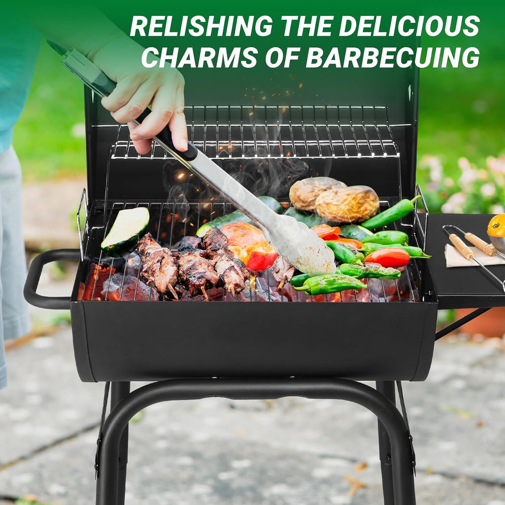 Charcoal BBQ Grill with Adjustable Charcoal Pan, Large Cooking Area, Air Dampers, Side Table, and Wheels, Portable Barbecue Grills for Outdoor Backyard, Camping, Patio Parties, and Picnics