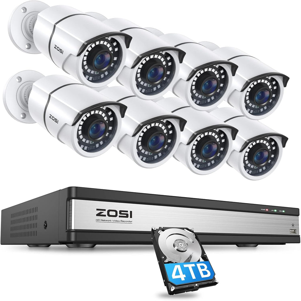 ZOSI 16CH 4K PoE Security Cameras System,4K 8MP 16 Channel H.265 NVR with 4TB Hard Drive and 8pcs 5MP Indoor Outdoor PoE IP Cameras,120ft Night Vision,Remote Access for Home Business 24/7 Recording