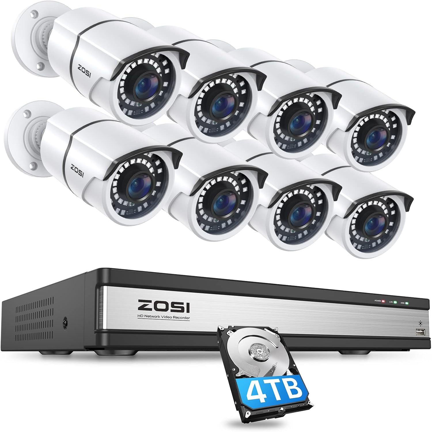 ZOSI 16CH 4K PoE Security Cameras System,4K 8MP 16 Channel H.265 NVR with 4TB Hard Drive and 8pcs 5MP Indoor Outdoor PoE IP Cameras,120ft Night Vision,Remote Access for Home Business 24/7 Recording
