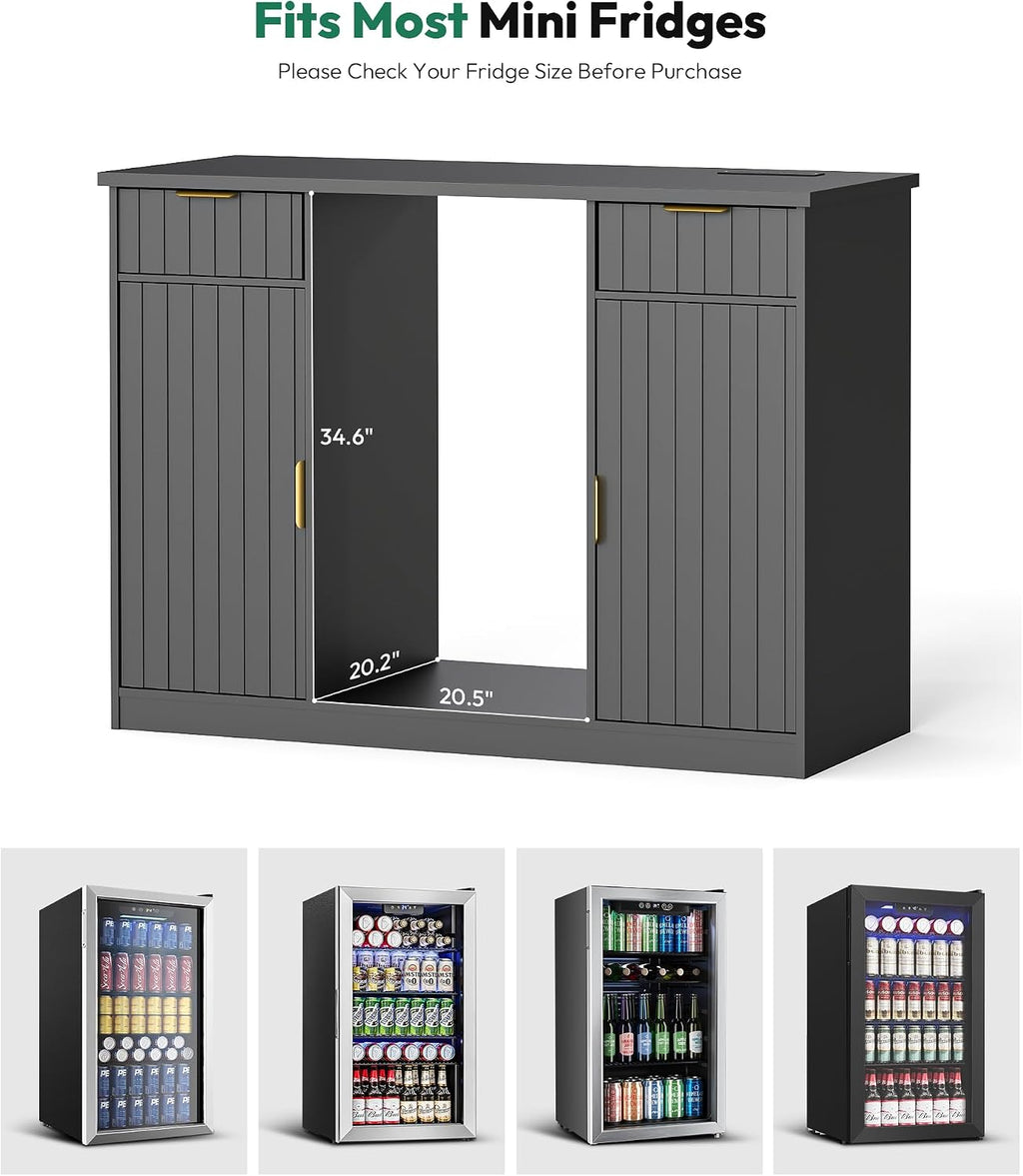 Lamtor Coffee Bar Cabinet with Storage - 53' Mini Fridge Cabinet with Power Outlet, Fluted Wine Bar with Drawer & Door Storage for Kitchen Dining Room, Black