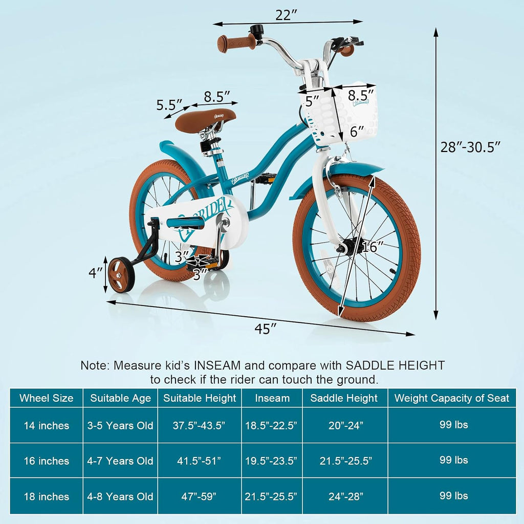 BABY JOY Kids Bike, 12 14 16 18 20 Inch Boys Girls Bike w/Adjustable Seat, Removable Basket, Handbrake & Coaster Brake, Training Wheels or Kickstand, Kids Bicycle with Multi-Color