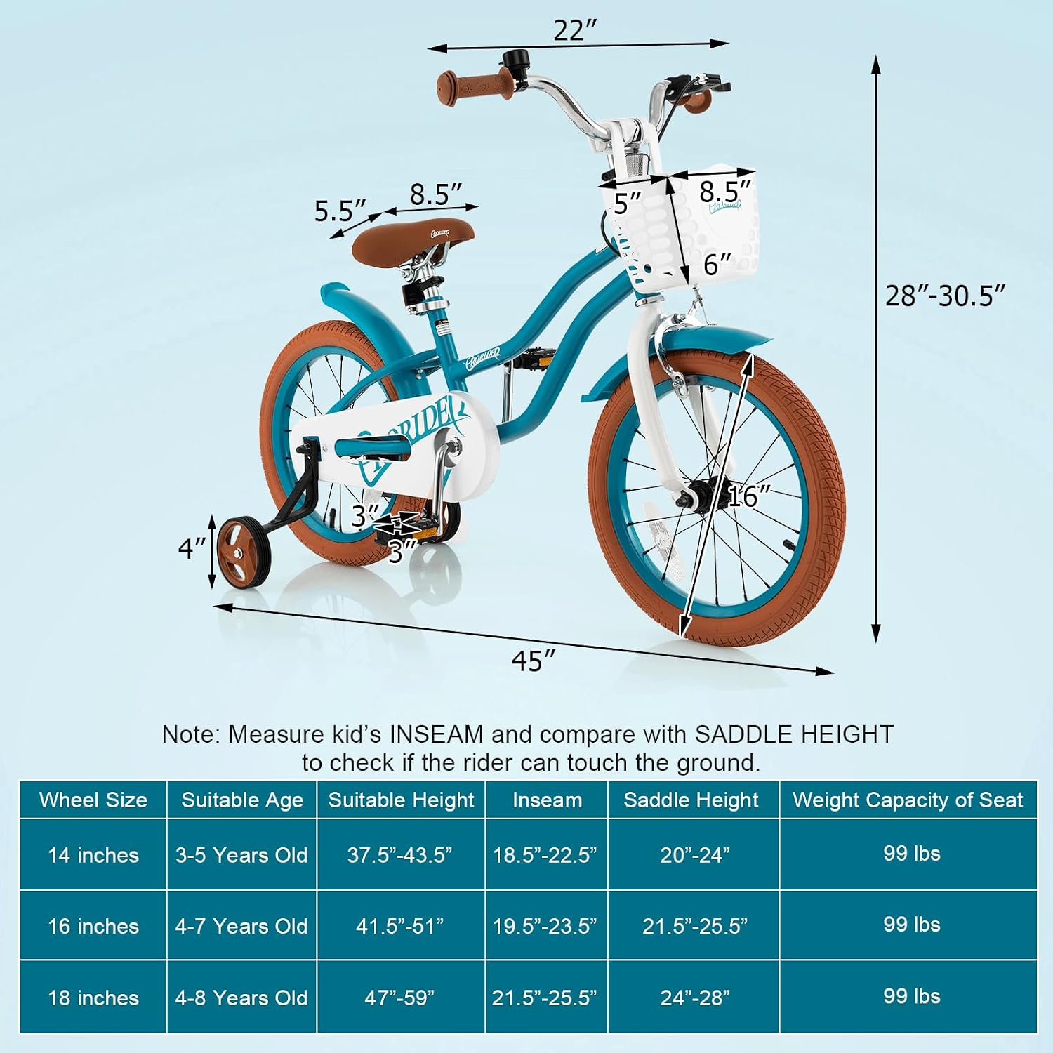BABY JOY Kids Bike, 12 14 16 18 20 Inch Boys Girls Bike w/Adjustable Seat, Removable Basket, Handbrake & Coaster Brake, Training Wheels or Kickstand, Kids Bicycle with Multi-Color