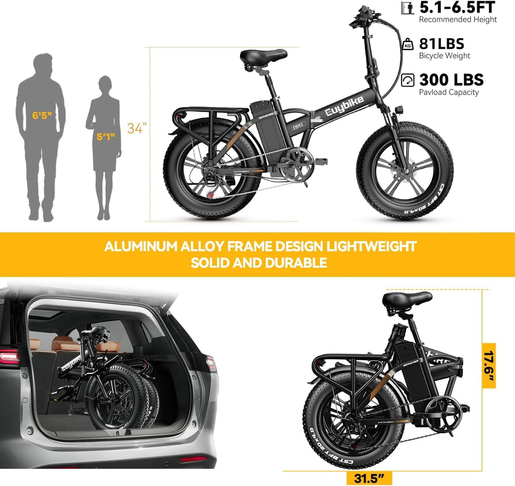 Auloor Folding Electric Bike for Adults,1000W Motor(1000W Peak),30MPH, 60Mile,48V 20AH Battery,20' Fat Tire Foldable Electric Bicycle,Commuter Beach Snow E-Bikes,7-Speed