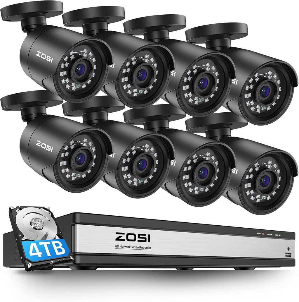 ZOSI 2MP 16 Channel Security Camera System, H.265+ DVR Recorder with AI Human Vehicle Detect, 8 x 1080p Weatherproof CCTV Bullet Camera Outdoor Indoor with 100ft Night Vision, Remote Access, 4TB HDD