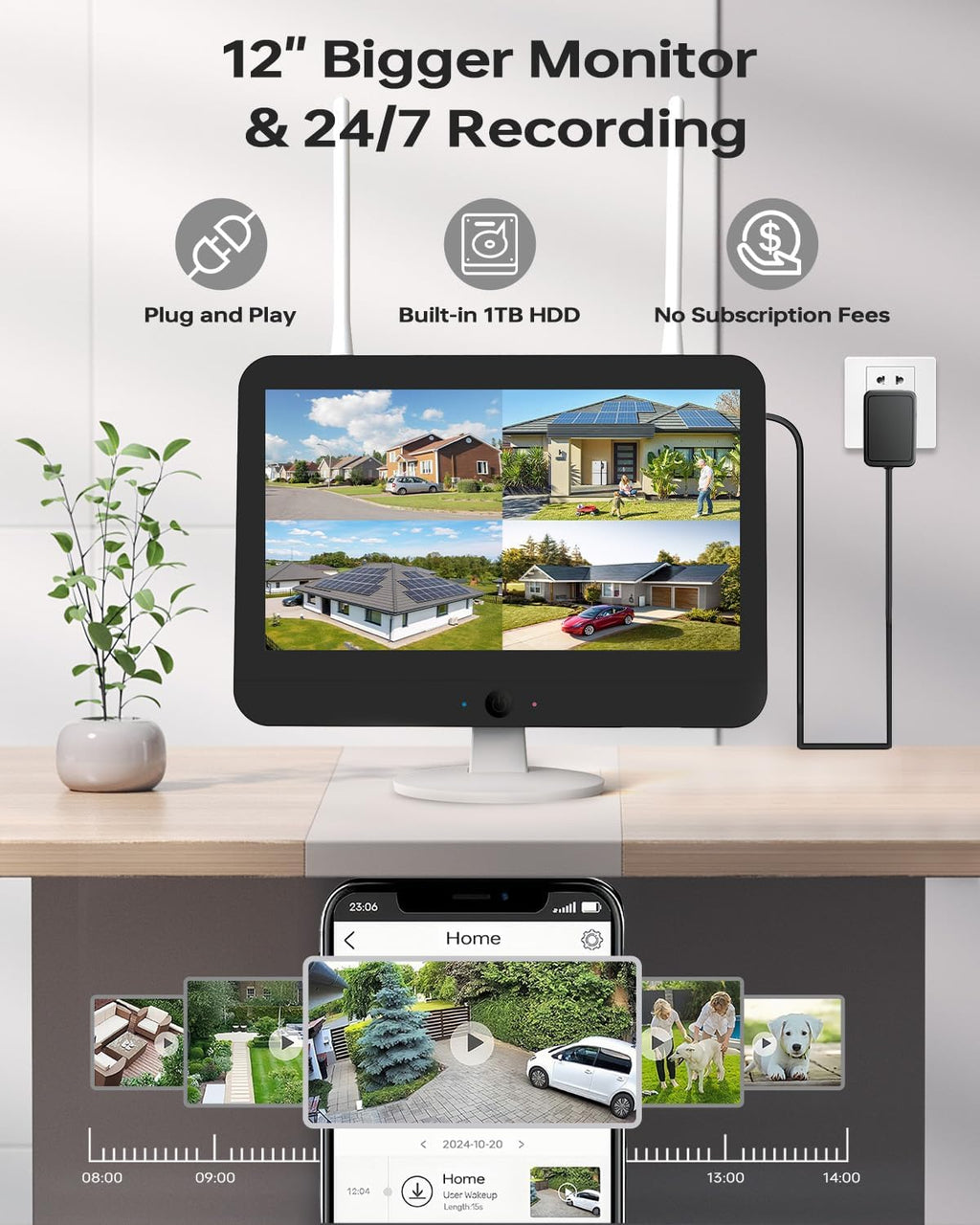 Wireless Outdoor Security Camera System, Wkkengd Dual Lens Dual Screen Auto Tracking 4 Home Surveillance Camera Set 12.5' Monitor 1TB 10CH NVR Color Night Vision 2 Way Audio Wi-Fi 6 Alexa Compatible