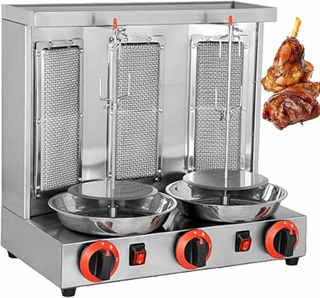 Commercial Vertical Barbecue Grill, 360° Automatic Rotation Gas Rotisserie BBQ Skewer, Stainless Steel Kebab Baking Oven (Silver)