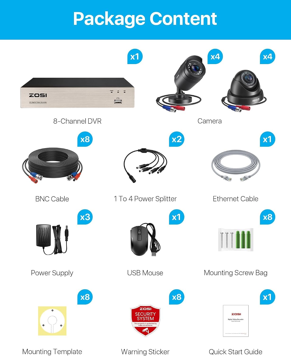 ZOSI 3K Lite Wired Security Camera System Outdoor,8pcs 1920TVL 1080P Surveillance Cameras,80ft Night Vision,8 Channel H.265+ 5MP Lite CCTV DVR with 1TB HDD for 24/7 Recording