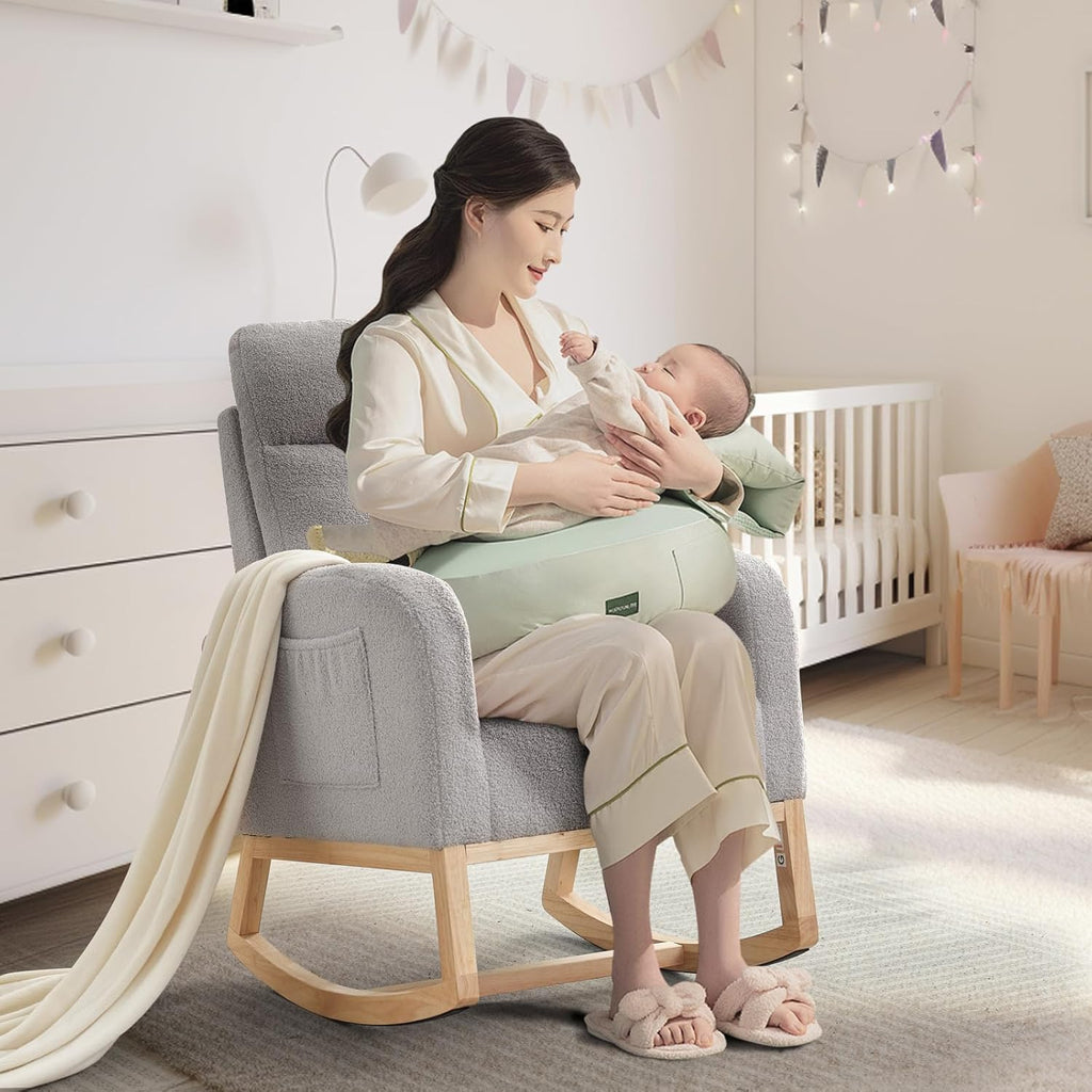 Nursery Rocking Chair, Comfy Modern Glider Rocking Chair with High Backrest and Armrest, Teddy Upholstered Rocking Accent Chair with Side Pockets for Living Room, Bedroom, Office,Gray