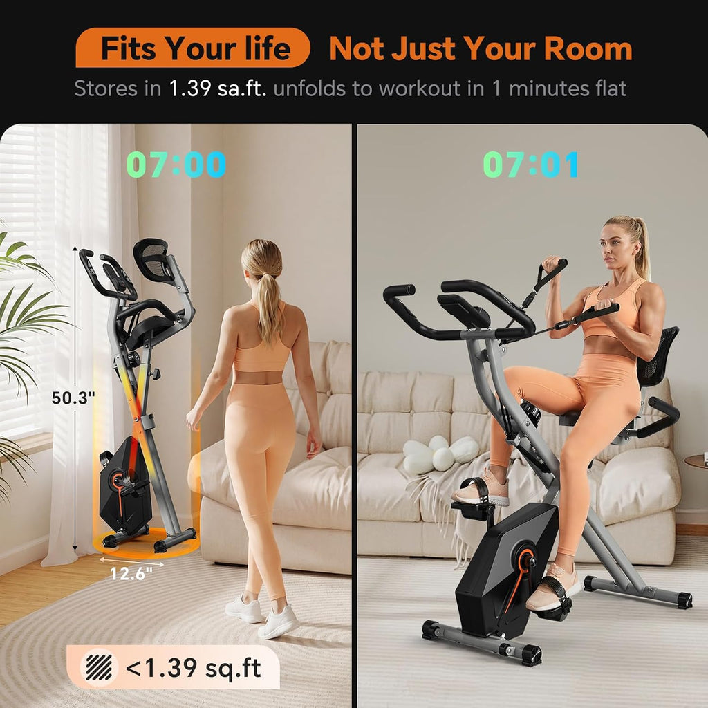 USLIM Foldable Exercise Bike Stationary Bikes for Home, 5 IN 1 Indoor Workout Bike, Cycling Bike with 16-Level Quiet Magnetic Resistance, 6.6 LBS Flywheel and 300LBS Capacity for Senior and Home Workout