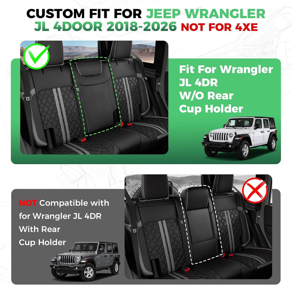 for Jeep Wrangler Seat Covers JL 4 DR Without Rear Cup Holder 2018 2019 2020 2021 2022 2023 2024 2025 2026, Custom Fit Car Seat Covers Full Set,Waterproof Leather Seat Protector,BlackGrey