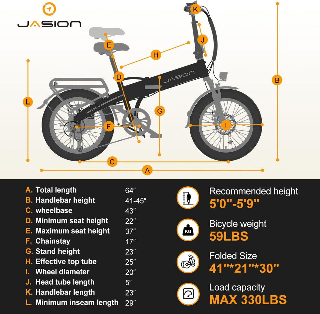 Jasion EBS Folding Electric Bike for Adults, Compact Portable 20' Fat Tire Ebike with 1200W Peak Motor, 48V Removable Battery, 25 MPH 50 Miles Aluminum Frame E-Bike Suitable for Trunk, RV, Apartment