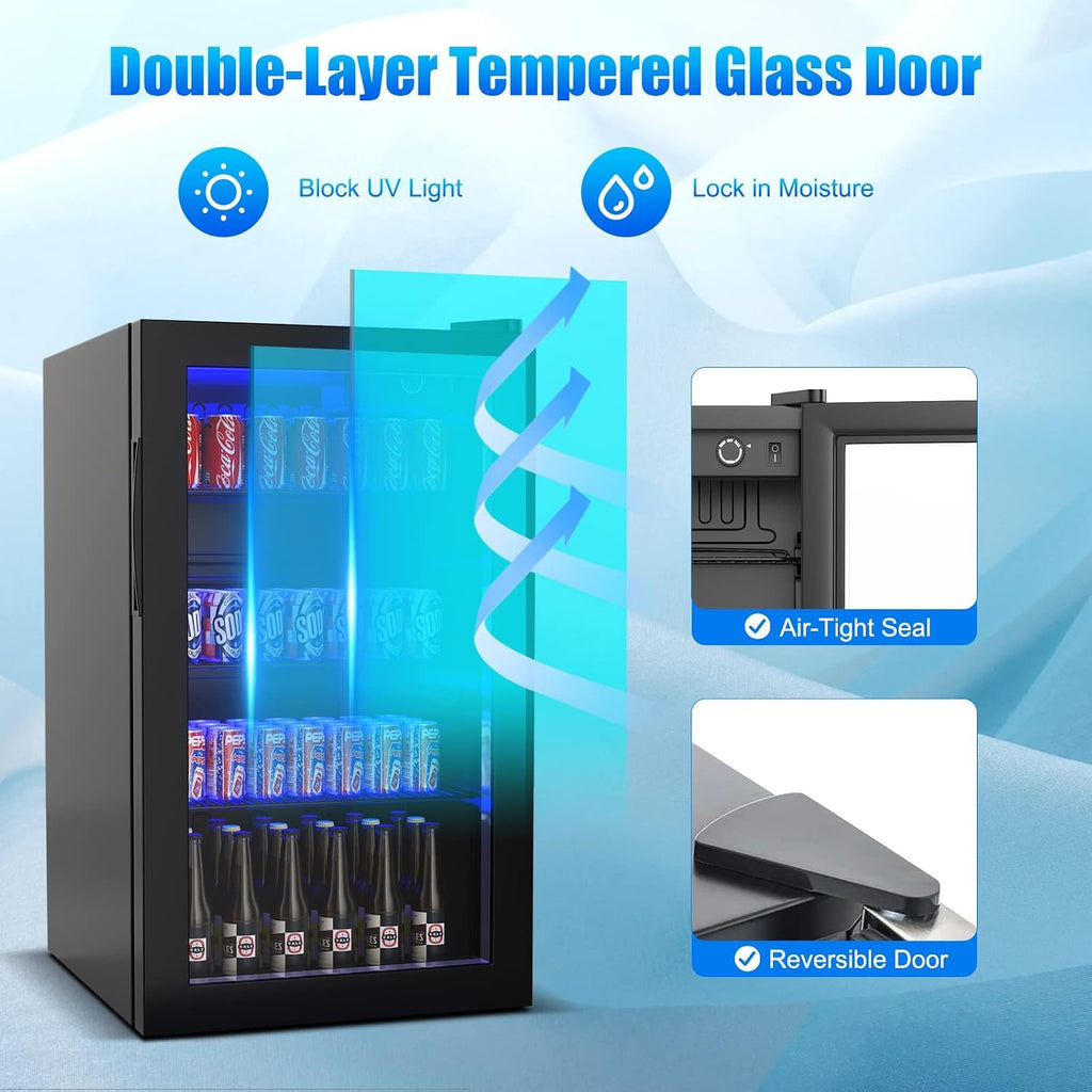 COSTWAY 120 Can Mini Beverage Fridge, Freestanding Beverage Refrigerator Cooler with Glass door, Removable Shelves for Soda Beer Wine, Small Drink Bar Fridge for Home Living Bedroom, 3.2 Cu.Ft
