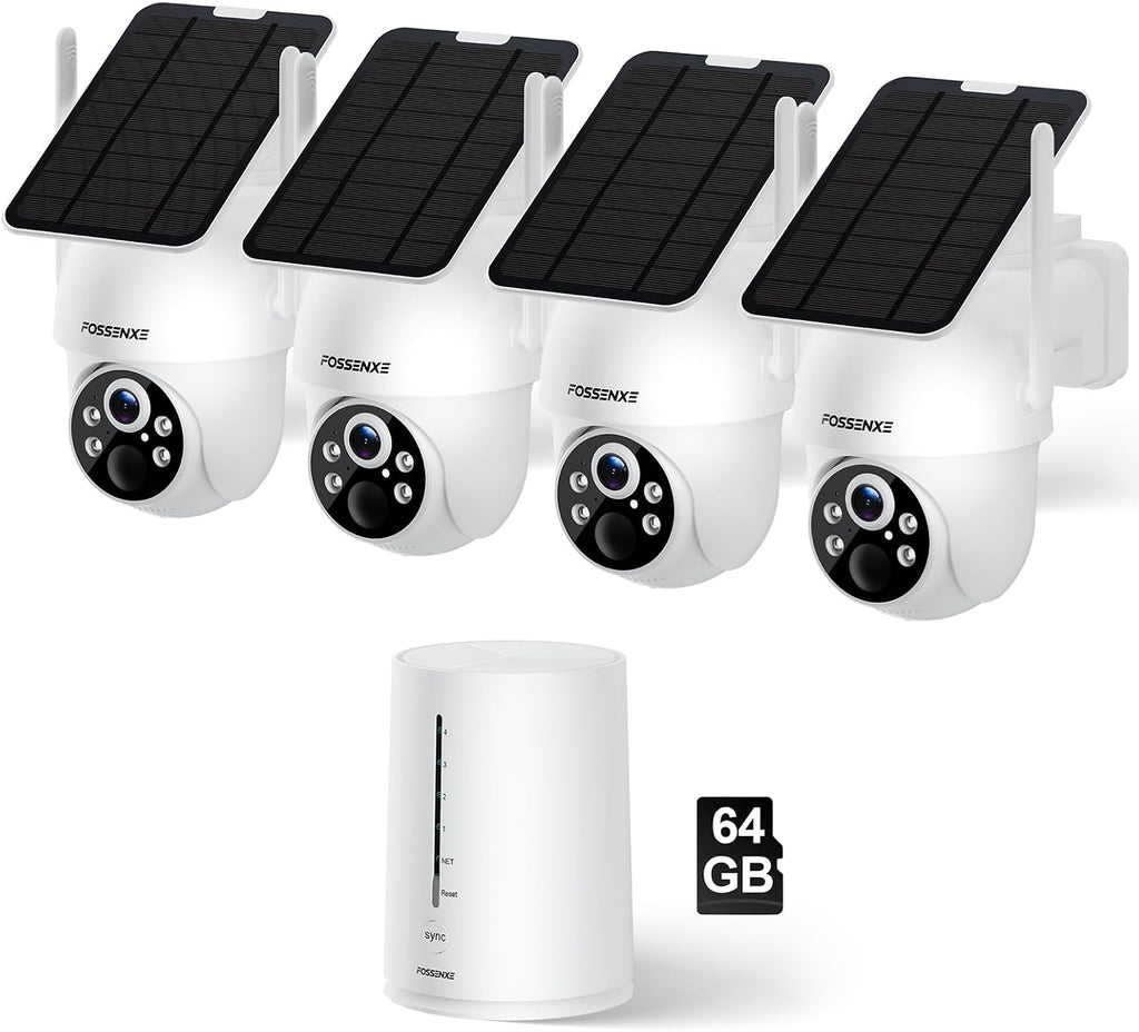 Solar Security Camera Wireless Outdoor, 4 Cam-Kit, Solar-Powered, 2K Home Security System, 360 Pan & Tilt, Color Night Vision, Motion Detection, 64GB Memory Card, No Monthly Fee