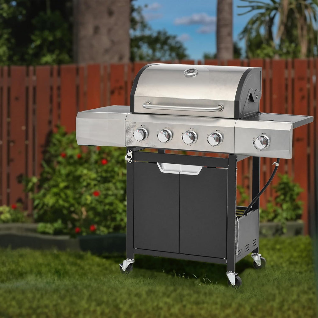 4 Burner Propane Gas Grill 51,000 BTU Stainless Steel Barbecue Grill with Side Burner and Cover Portable Outdoor BBQ Grill Flame Regulator and Steel Wire Insulation Frame for Patio Garden Camping