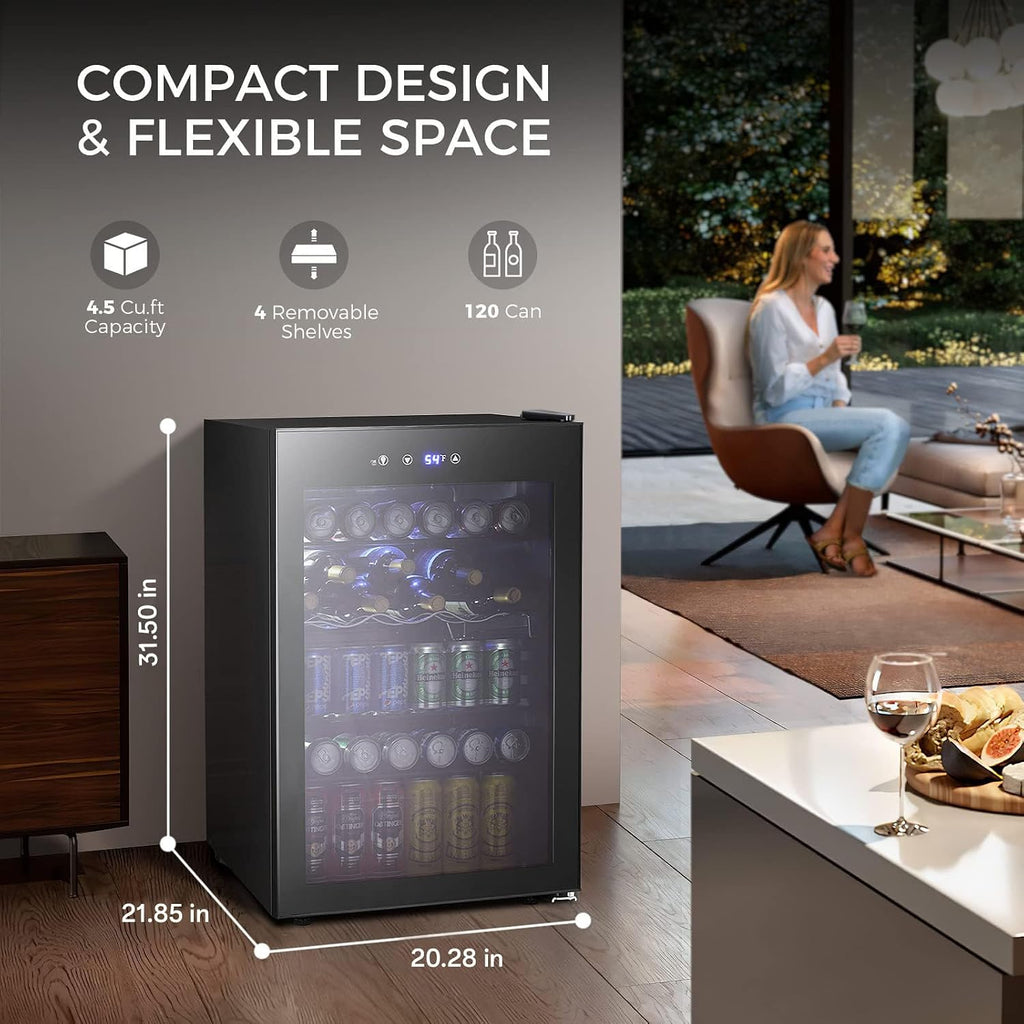 Kismile 4.5 Cu.ft Beverage Refrigerator and Cooler,145 Can Mini Fridge Glass Door with Digital Temperature Display for Soda,Beer or Wine,small Drink Dispenser Cooler for Home,Office or Bar (Black)