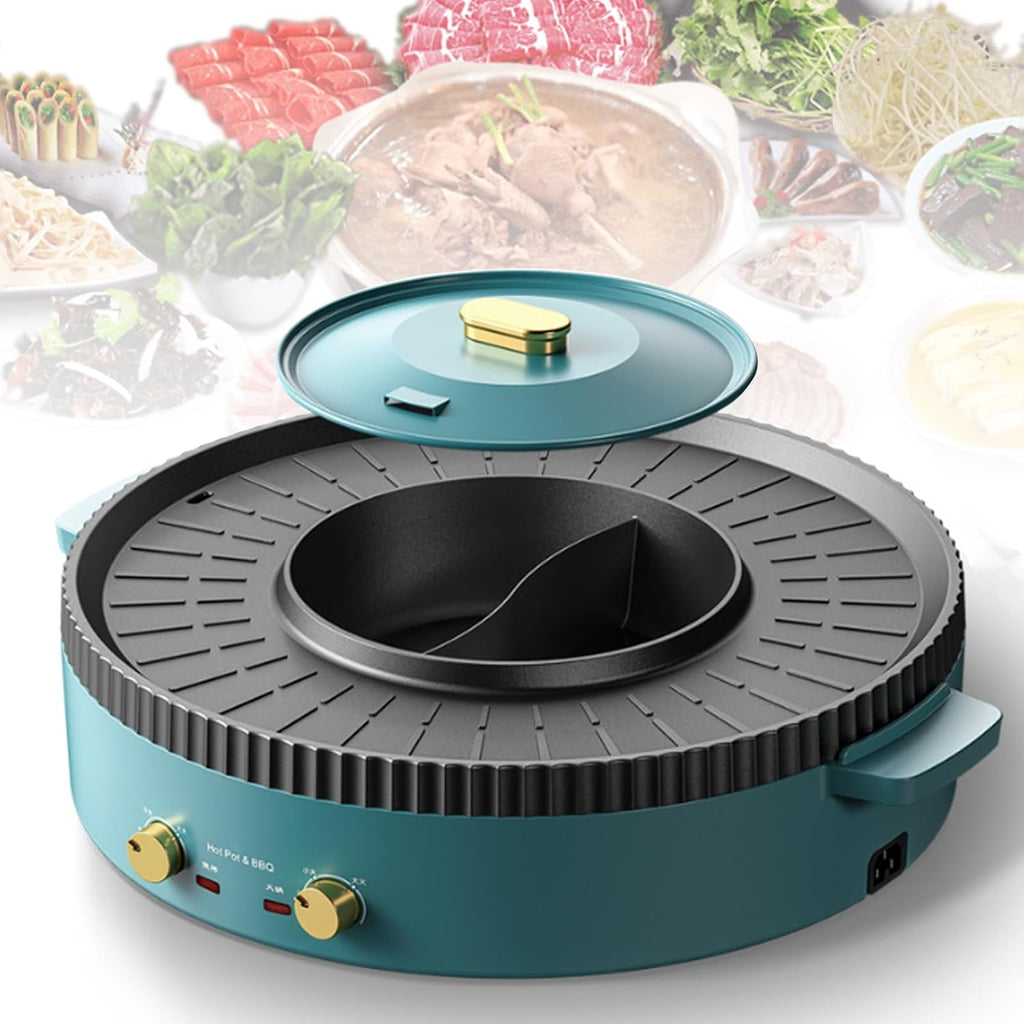 Household Electric Hot Pot with Grill, Teppanyaki Grill Pot and BBQ Pan, Independent Temperature Control, Non-stick Coating, Easy to Clean, For 3-12 People to Enjoy, 1700 W,A