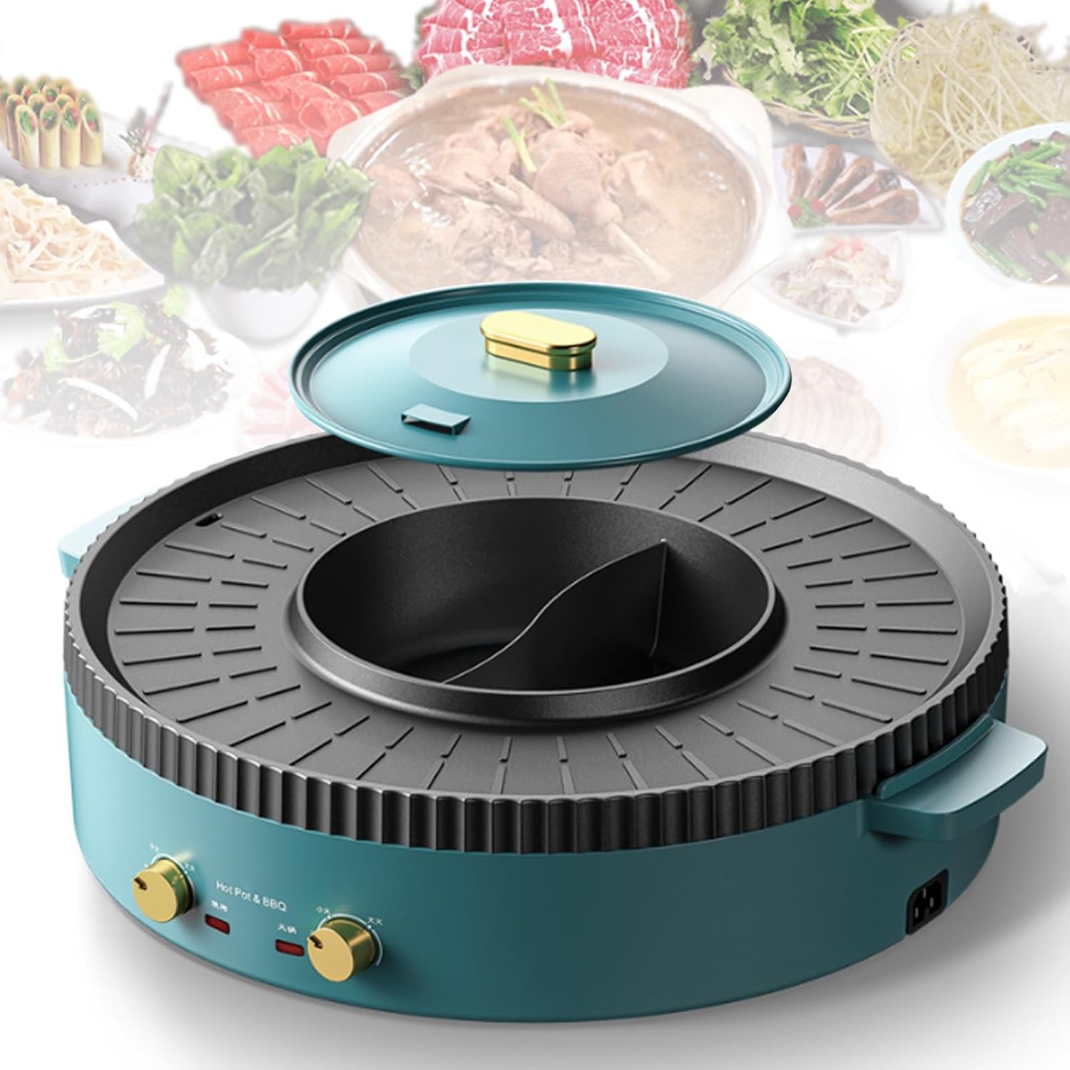 Household Electric Hot Pot with Grill, Teppanyaki Grill Pot and BBQ Pan, Independent Temperature Control, Non-stick Coating, Easy to Clean, For 3-12 People to Enjoy, 1700 W,A