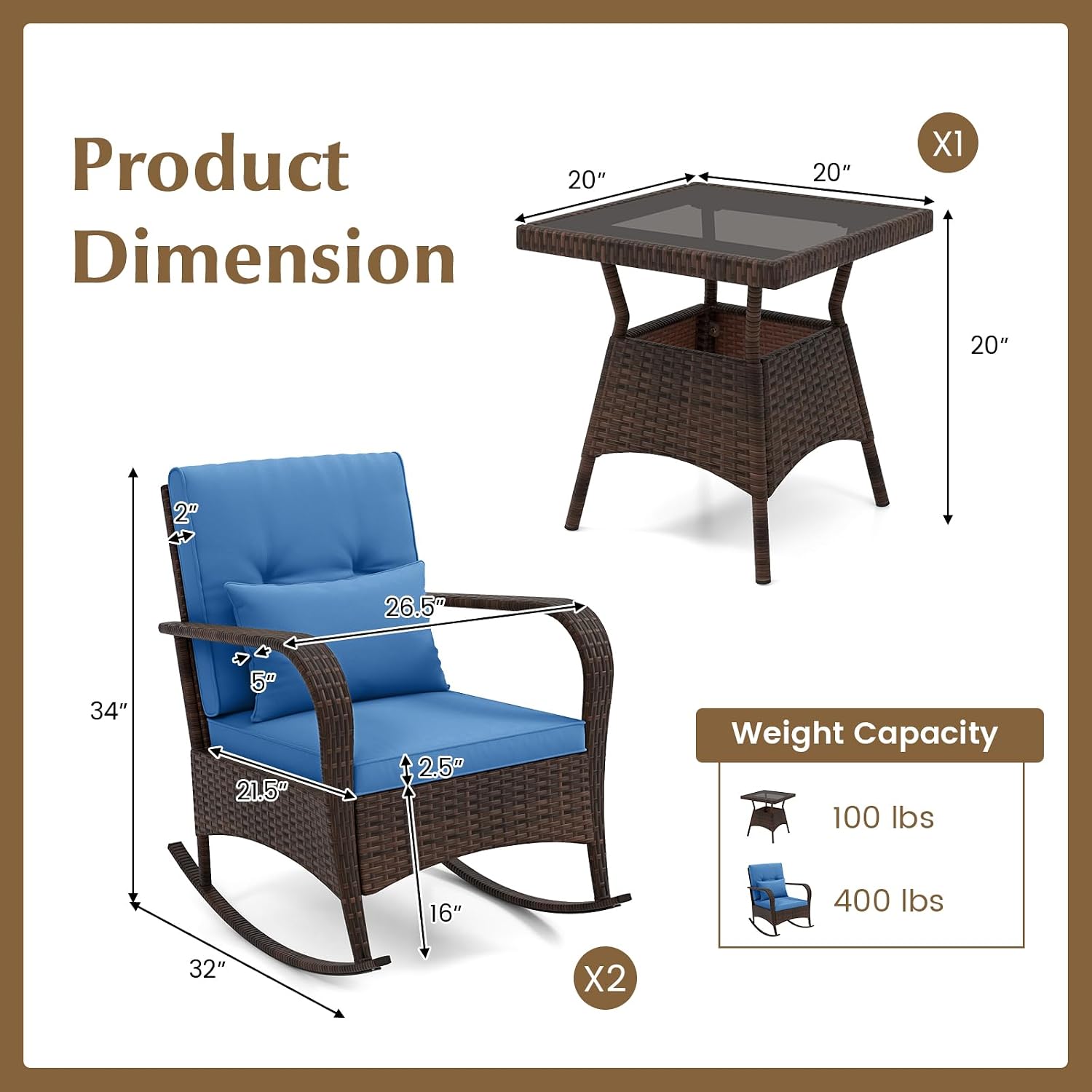 Tangkula 3 Pieces Rocking Bistro Set, Patiojoy Outdoor PE Rattan Rocker Chairs with Removable Cushions & Tempered Glass Top Coffee Table, Outdoor Wicker Furniture Set for Porch, Garden (Navy)
