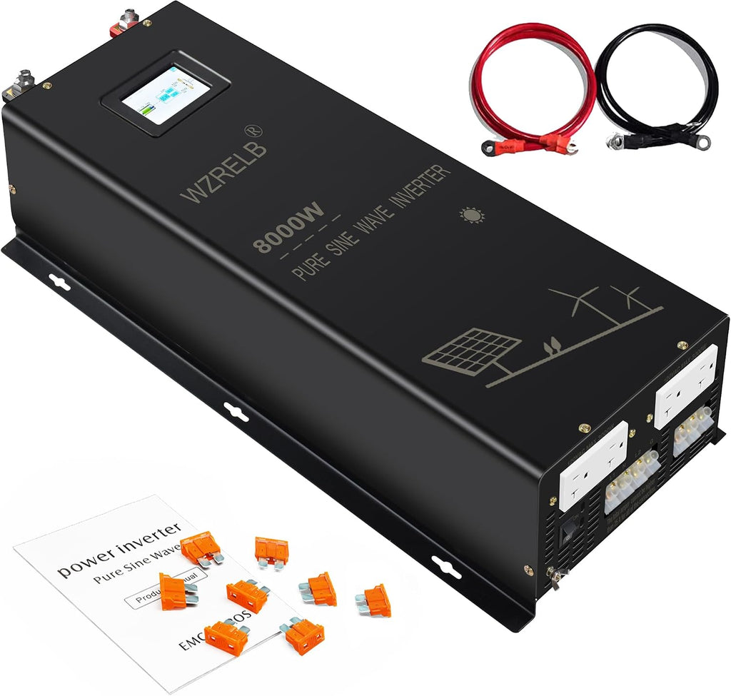 WZRELB 8000W 24V Pure Sine Wave Inverter,24 Volt DC to AC 120V 240V Split Phase Power Inverter,2*AC Hardwire Terminal,16KW Surge,High Efficiency up to 91.6% with LCD Display
